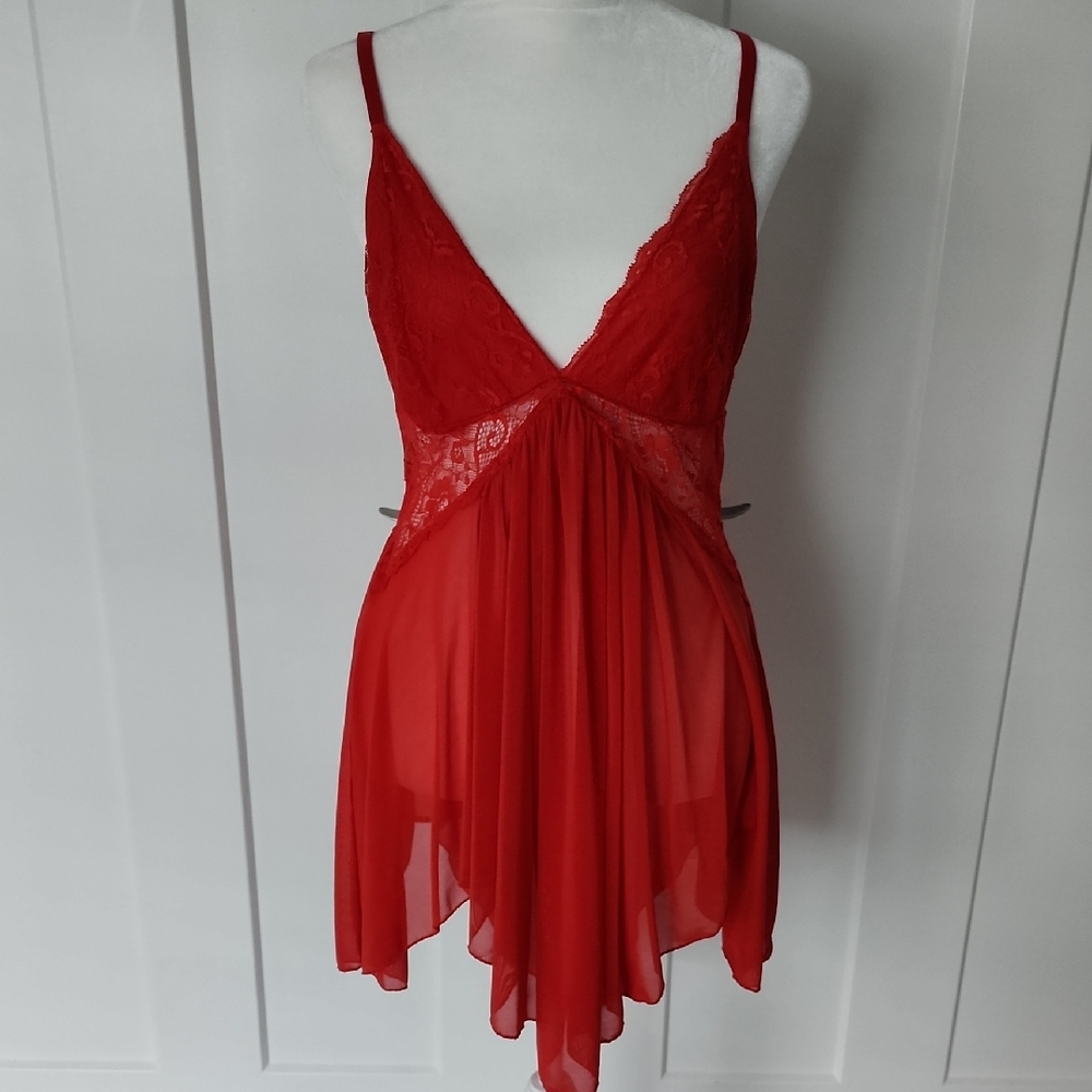 Avid Love, Elegant Red Lace Babydoll Chemise Lingerie, Large